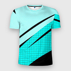Футболка спортивная мужская Абстрактный чёрно-голубой с полосами, цвет: 3D-принт