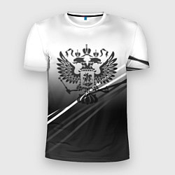 Футболка спортивная мужская Герб России градиент в полосами серый, цвет: 3D-принт