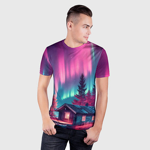 Мужская спорт-футболка Лиловое сияние над лесом / 3D-принт – фото 3