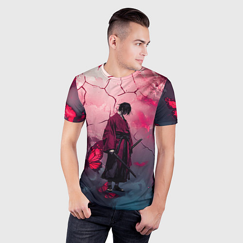 Мужская спорт-футболка Одинокий самурай среди бабочек / 3D-принт – фото 3