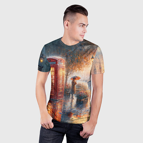 Мужская спорт-футболка Красная телефонная будка на набережной / 3D-принт – фото 3