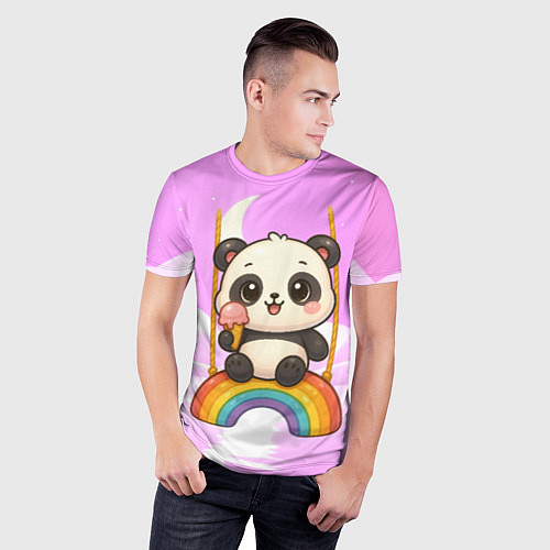 Мужская спорт-футболка Панда с мороженым качается на радуге / 3D-принт – фото 3