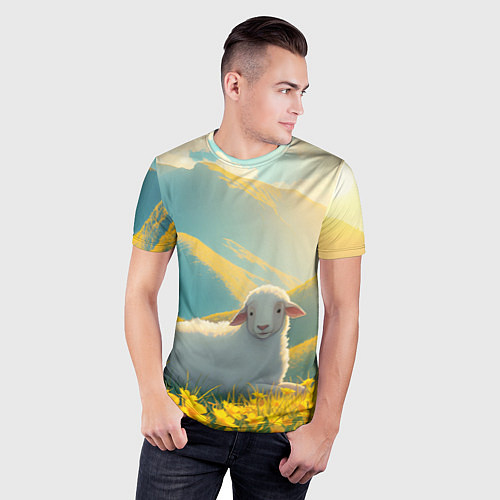 Мужская спорт-футболка Овечка в цветочной долине / 3D-принт – фото 3