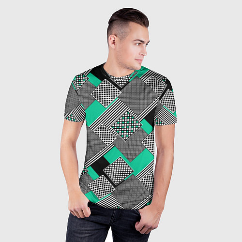 Мужская спорт-футболка Черно бирюзовая абстрактная геометрия пэчворк / 3D-принт – фото 3