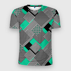 Мужская спорт-футболка Черно бирюзовая абстрактная геометрия пэчворк