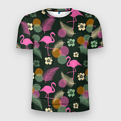 Футболка спортивная мужская Фламинго и листья на темно-зеленом, цвет: 3D-принт