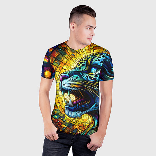 Мужская спорт-футболка Морда свирепого леопарда - витраж / 3D-принт – фото 3