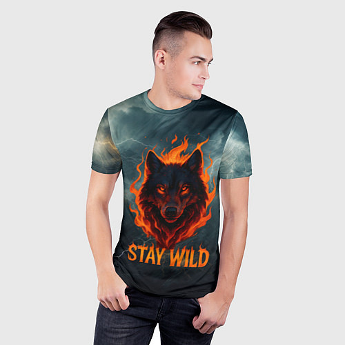 Мужская спорт-футболка Stay wild волк в огне / 3D-принт – фото 3