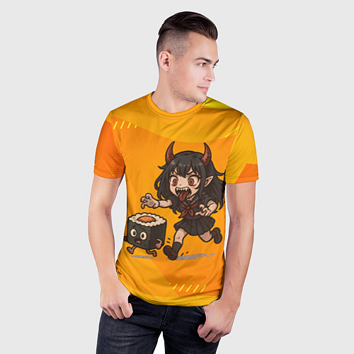 Мужская спорт-футболка Девочка дьявол бежит за роллом / 3D-принт – фото 3