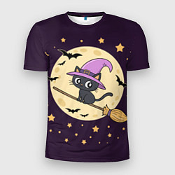 Футболка спортивная мужская Хэллоуин, кот на метле, луна, цвет: 3D-принт