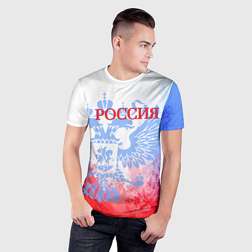 Мужская спорт-футболка Россия с гербом светлый бело-сине-красный / 3D-принт – фото 3