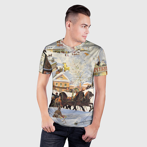Мужская спорт-футболка Русская тройка зимой - картина Масленица Кустодиев / 3D-принт – фото 3