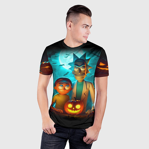 Мужская спорт-футболка Morty and Rick with pumpkin - neon halloween / 3D-принт – фото 3