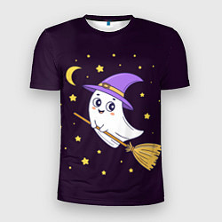 Футболка спортивная мужская Хэллоуин, привидение на метле, звезды, цвет: 3D-принт