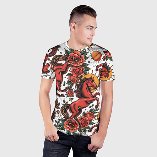 Мужская спорт-футболка Красный конь в стиле татуировки / 3D-принт – фото 3