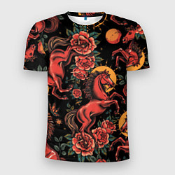 Мужская спорт-футболка Красная лошадь с розами