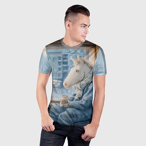 Мужская спорт-футболка Лошадка пьет кофе на подоконнике / 3D-принт – фото 3