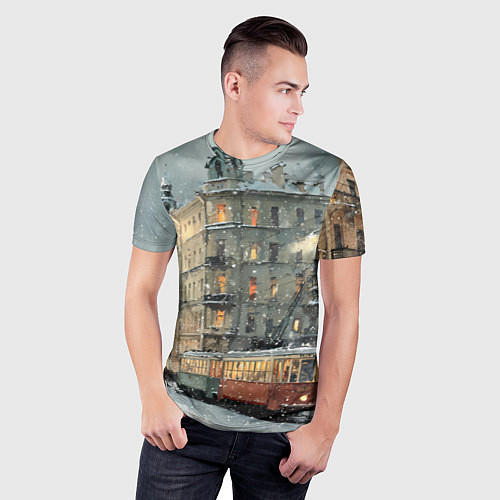 Мужская спорт-футболка Трамваи в зимнем Санкт-Петербурге / 3D-принт – фото 3