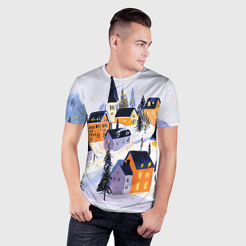 Мужская спорт-футболка Новогодние домики на горе / 3D-принт – фото 3