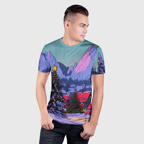 Мужская спорт-футболка Новогодние елки в горном городке / 3D-принт – фото 3