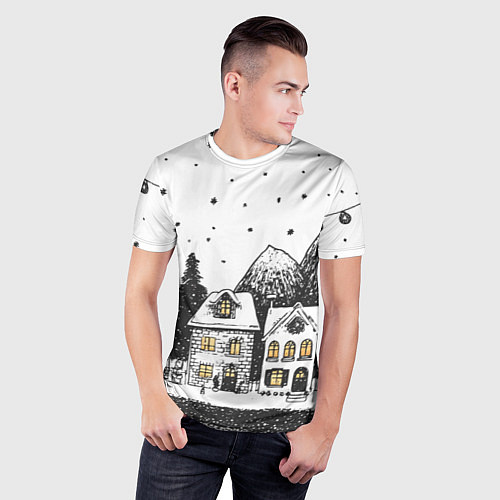 Мужская спорт-футболка Черно-белый новогодний город / 3D-принт – фото 3