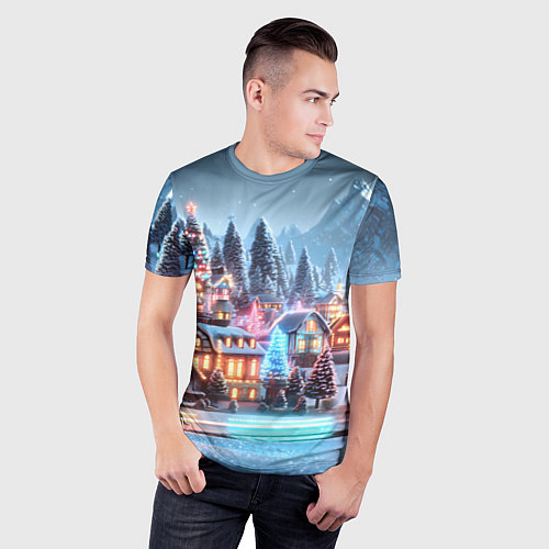 Мужская спорт-футболка Городок в новогодних огоньках / 3D-принт – фото 3