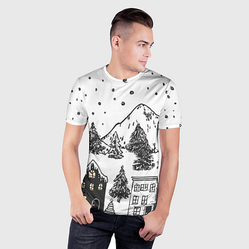 Мужская спорт-футболка Заснеженный черно-белый город / 3D-принт – фото 3