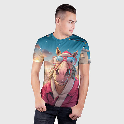 Мужская спорт-футболка Удивленная лошадь в очках / 3D-принт – фото 3