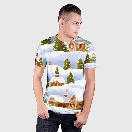 Мужская спорт-футболка Новогодние домики и елочки / 3D-принт – фото 3