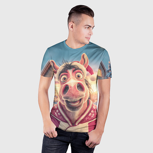 Мужская спорт-футболка Счастливая новогодняя лошадь / 3D-принт – фото 3