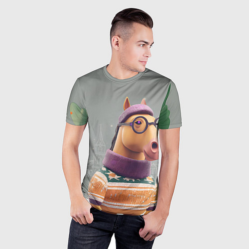 Мужская спорт-футболка Новогодняя лошадка хипстер / 3D-принт – фото 3