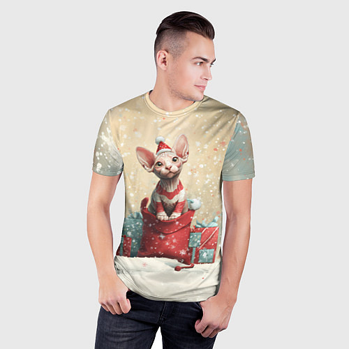 Мужская спорт-футболка Новогодний кот сфинкс / 3D-принт – фото 3