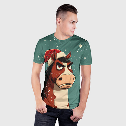 Мужская спорт-футболка Новогодняя лошадь на фоне снегопада / 3D-принт – фото 3