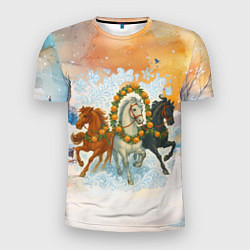 Футболка спортивная мужская Новогодняя тройка лошадей с мандаринами, цвет: 3D-принт
