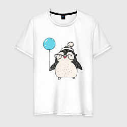 Футболка хлопковая мужская Пингвин-мальчик с шариком, цвет: белый