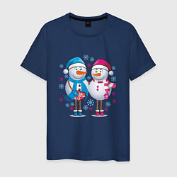 Футболка хлопковая мужская Влюбленные снеговики, цвет: тёмно-синий