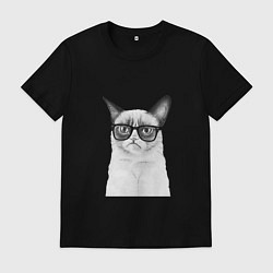 Футболка хлопковая мужская Кот хипстер, цвет: черный