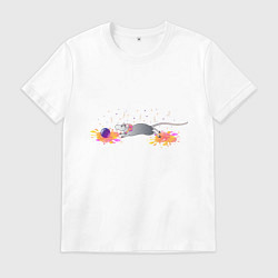 Футболка хлопковая мужская Крыса играет в мяч, цвет: белый