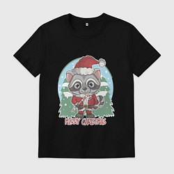 Футболка хлопковая мужская Новогодний енот, цвет: черный