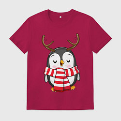 Футболка хлопковая мужская Пингвин в шарфике, цвет: маджента