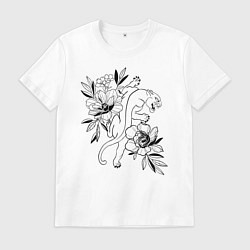 Футболка хлопковая мужская Кошка с цветами тату, цвет: белый