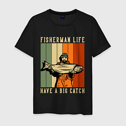 Футболка хлопковая мужская Рыбалка большой улов, цвет: черный