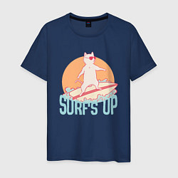 Футболка хлопковая мужская Surfs Up Кот сёрфер на гребне волны, цвет: тёмно-синий