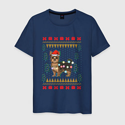 Футболка хлопковая мужская Рождественский свитер Йоркшик, цвет: тёмно-синий
