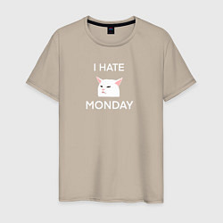 Футболка хлопковая мужская I hate monday текст с котом, цвет: миндальный