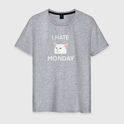 Футболка хлопковая мужская I hate monday текст с котом, цвет: меланж