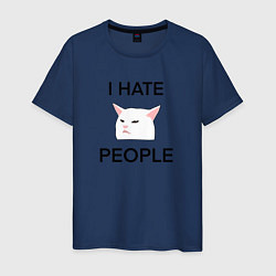 Футболка хлопковая мужская I hate people, текст с белым котом, цвет: тёмно-синий