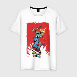 Футболка хлопковая мужская Fire skull Skateboarding man on a red background E, цвет: белый