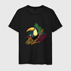 Футболка хлопковая мужская Птица Тукан на тропической ветке, цвет: черный