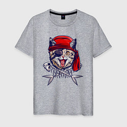 Футболка хлопковая мужская Кот пират и рыбьи кости, цвет: меланж